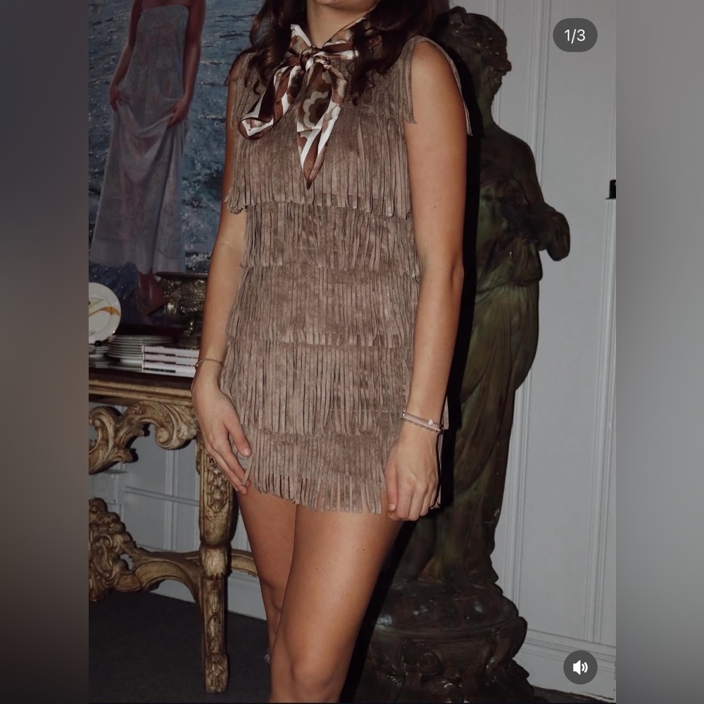 NWT BCBG Fringe Suede Mini Dress in Taupe/Brown (western)